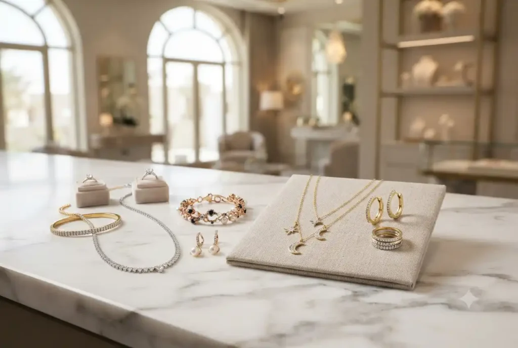 Elegant lifestyle jewellery collection featuring gold and silver accessories in a UAE boutique.