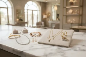 Elegant lifestyle jewellery collection featuring gold and silver accessories in a UAE boutique.