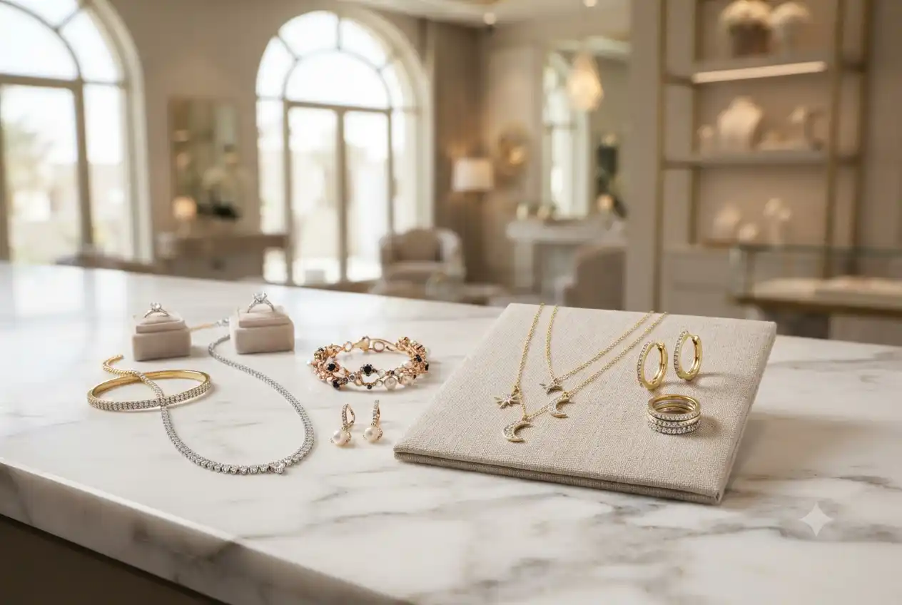 Elegant lifestyle jewellery collection featuring gold and silver accessories in a UAE boutique.