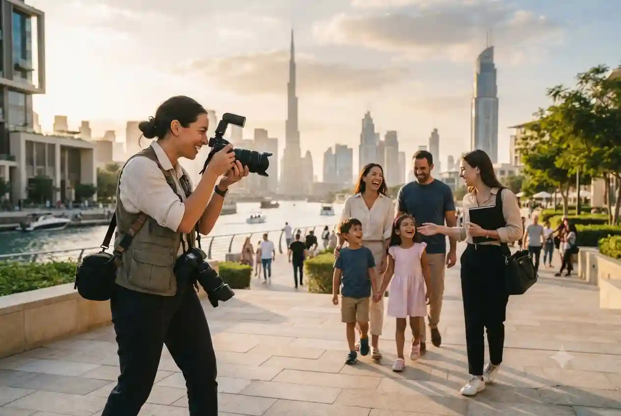 Professional lifestyle photographer conducting a photoshoot in Dubai with modern city scenery.