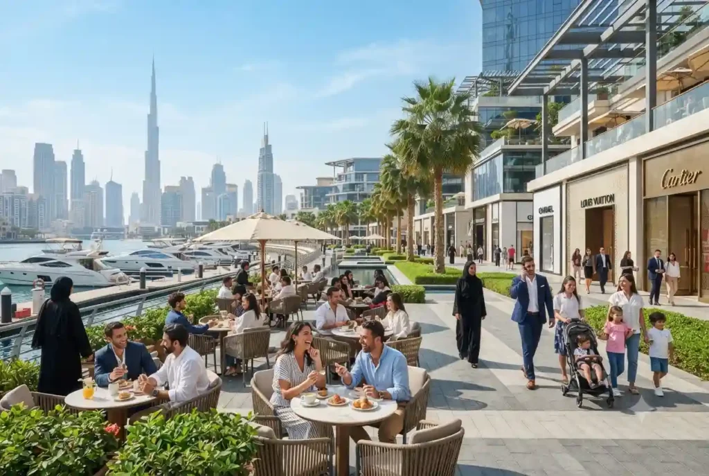 Modern lifestyle in the UAE featuring Dubai skyline, Abu Dhabi attractions, shopping, and outdoor living.