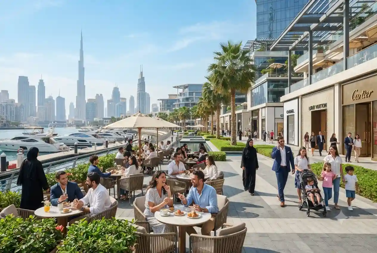 Modern lifestyle in the UAE featuring Dubai skyline, Abu Dhabi attractions, shopping, and outdoor living.