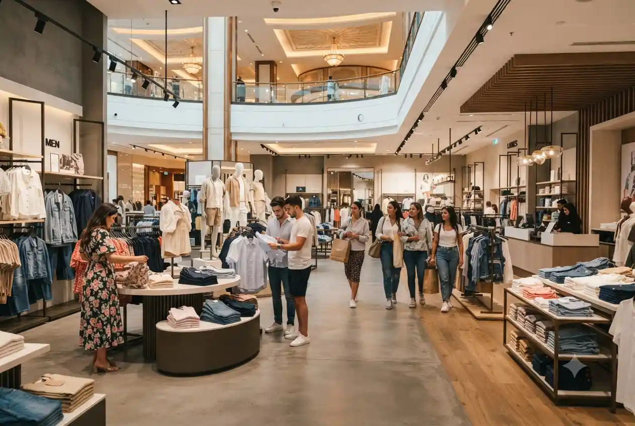 Modern fashion retail store in Abu Dhabi with clothing and accessories on display.