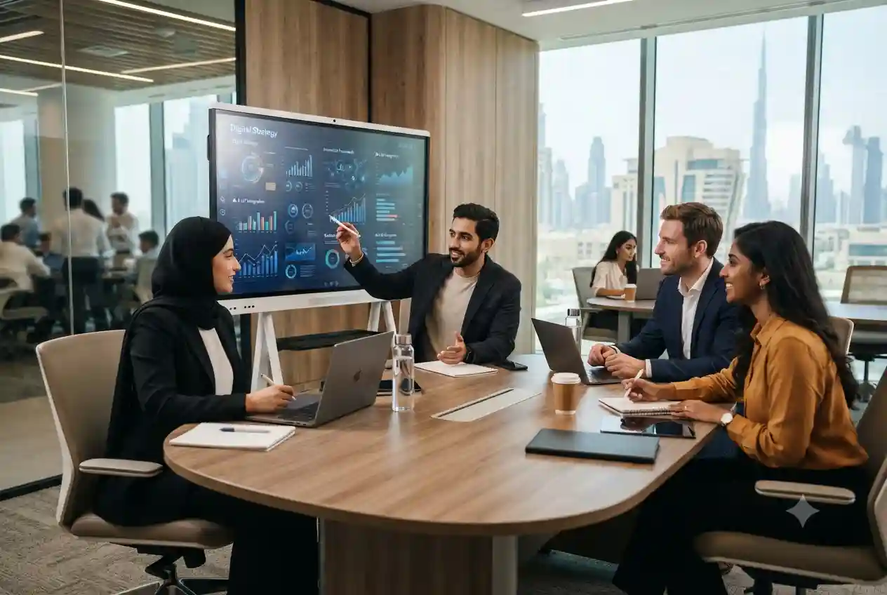 MBA students studying technology management in a modern UAE business school