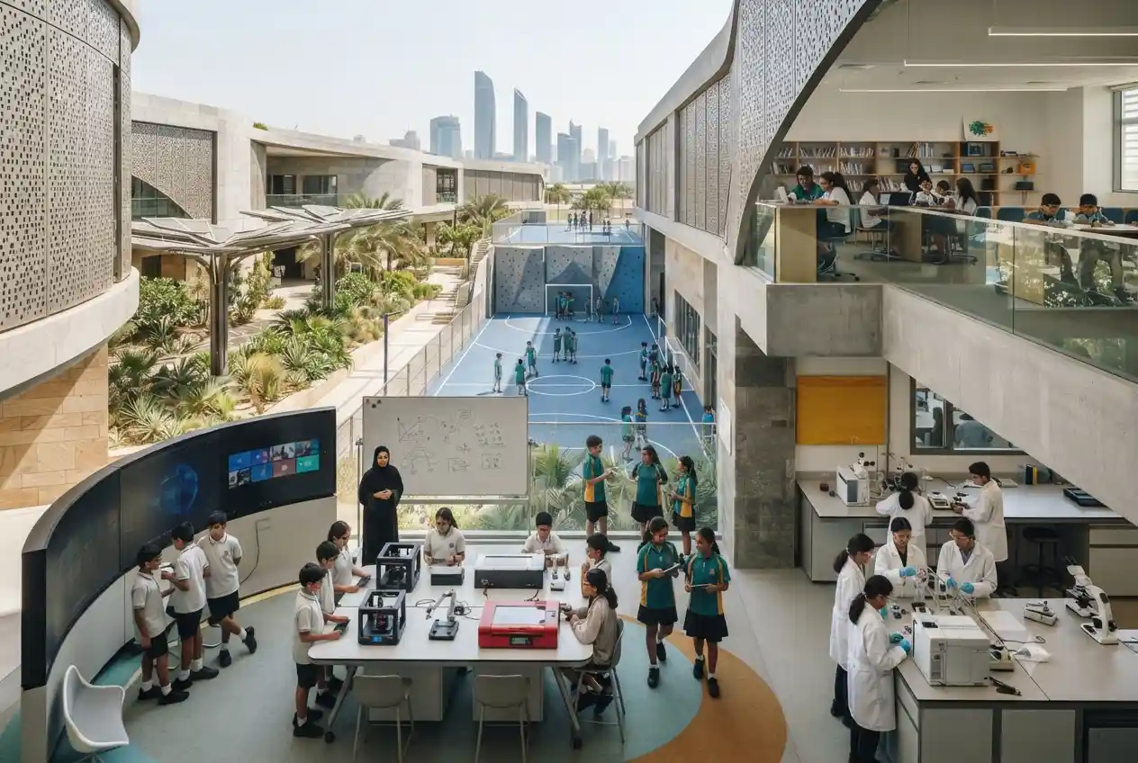 Students learning at a modern Nord Anglia Education-style international school in Abu Dhabi.