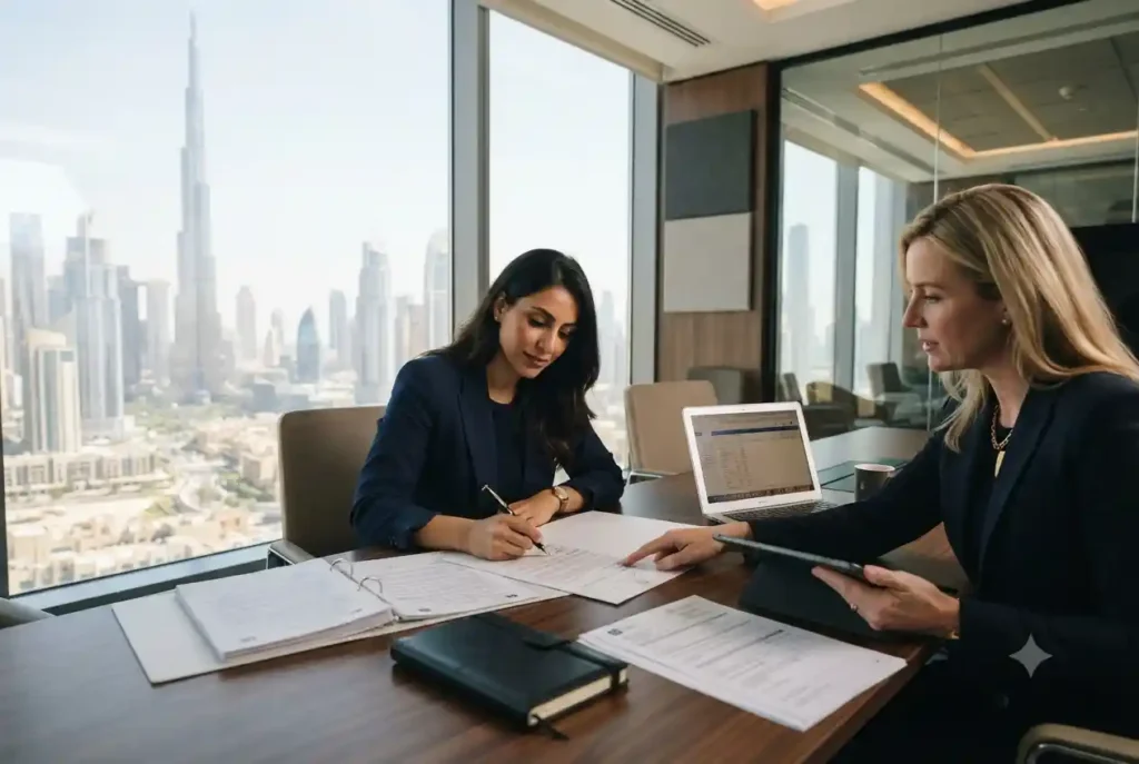Entrepreneur completing company registration with a business consultant in Dubai