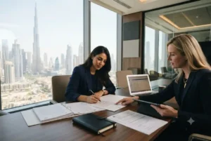 Entrepreneur completing company registration with a business consultant in Dubai