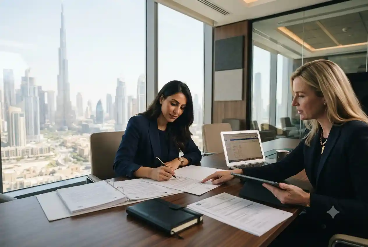 Entrepreneur completing company registration with a business consultant in Dubai