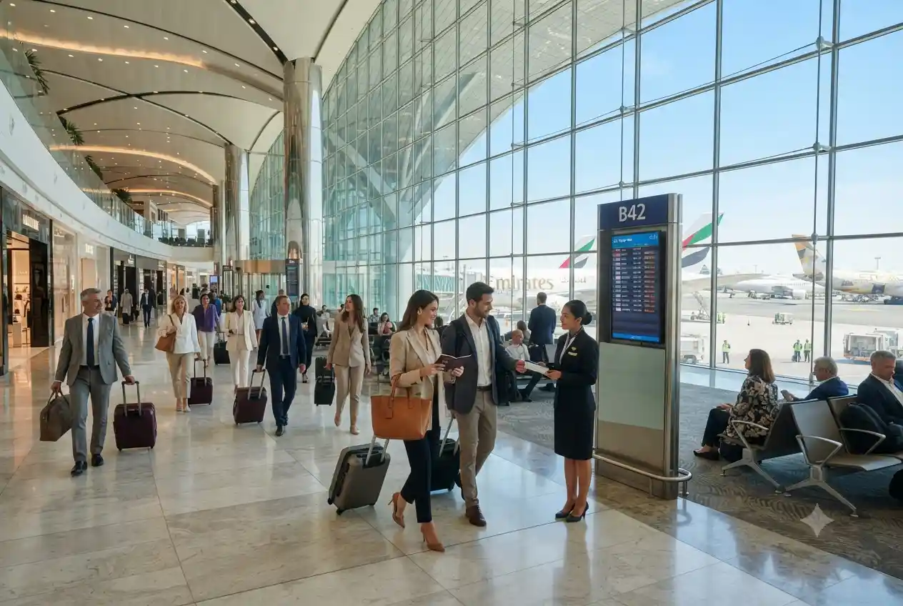 International travelers departing from a modern UAE airport