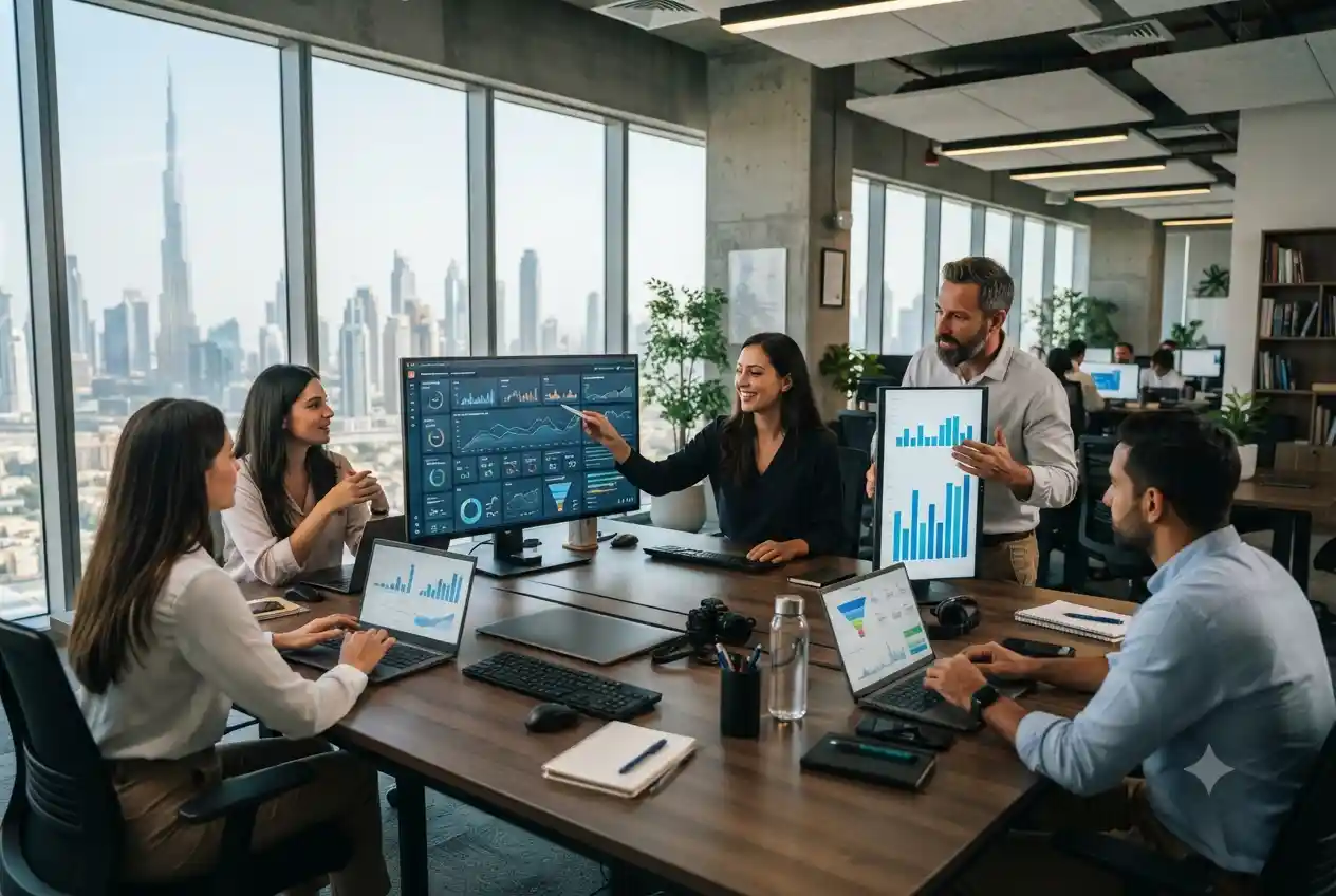 Marketing team analyzing performance marketing campaign data and analytics dashboards