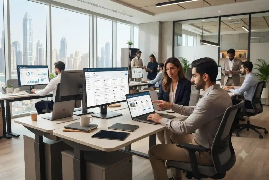 Property consultants using CRM software to manage real estate leads in a Dubai office