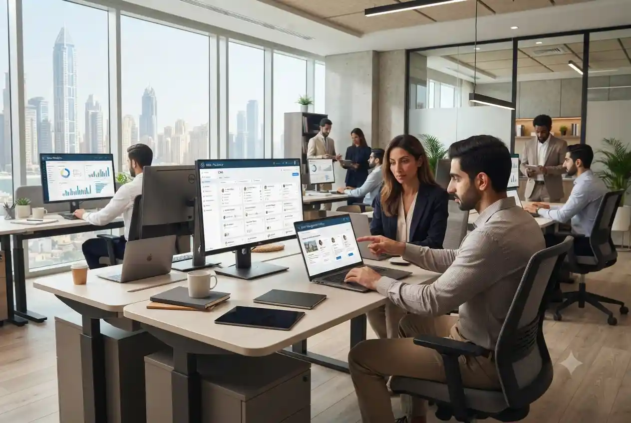 Property consultants using CRM software to manage real estate leads in a Dubai office