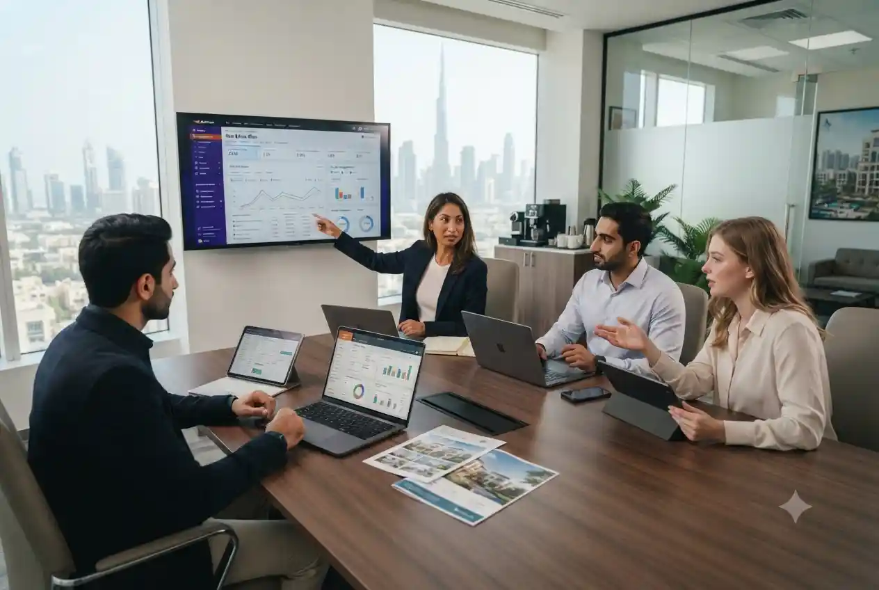 Digital marketing professionals creating online campaigns for a real estate company