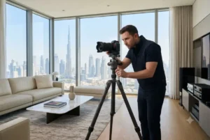 Professional real estate photographer photographing a luxury apartment in Dubai
