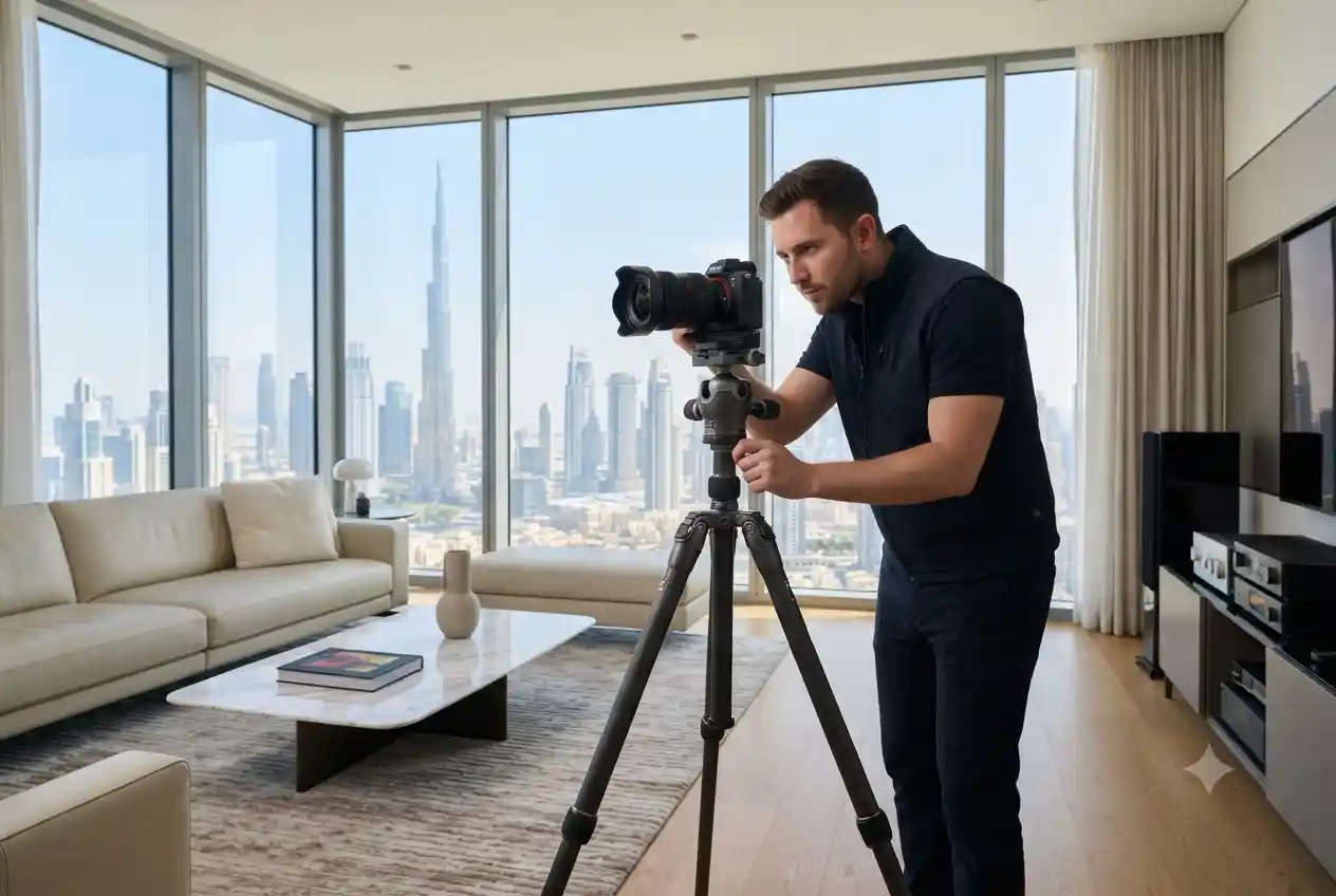 Professional real estate photographer photographing a luxury apartment in Dubai