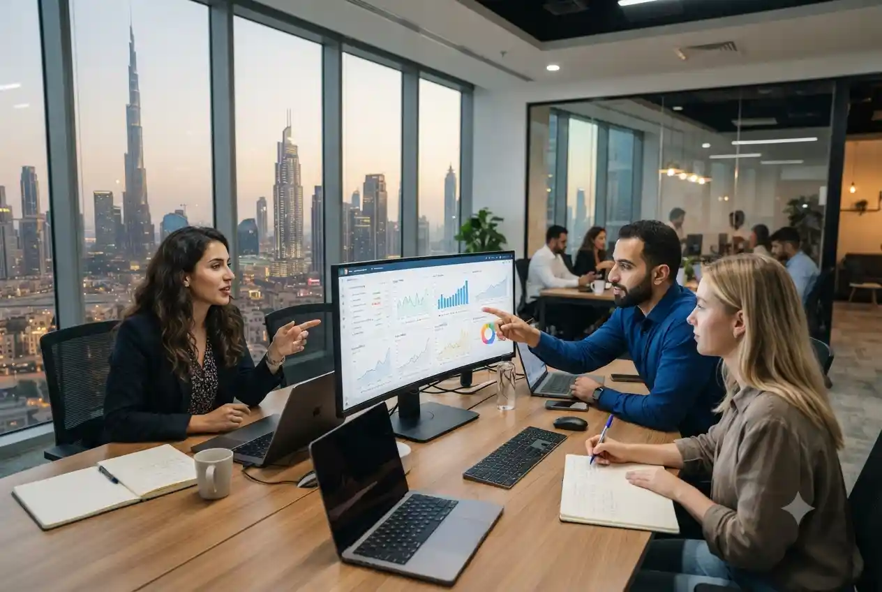 SEO experts analyzing website rankings and search engine data in Dubai office