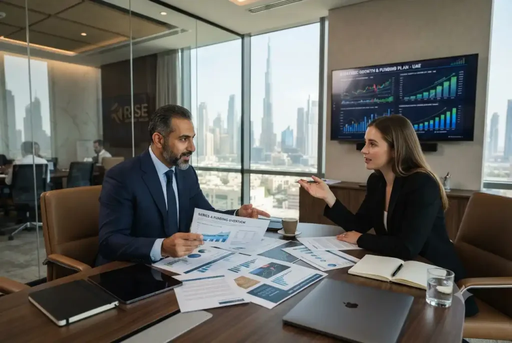 Small business owner discussing financing options with a financial advisor in the UAE