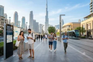 Tourists using smart technology while exploring modern attractions in Dubai