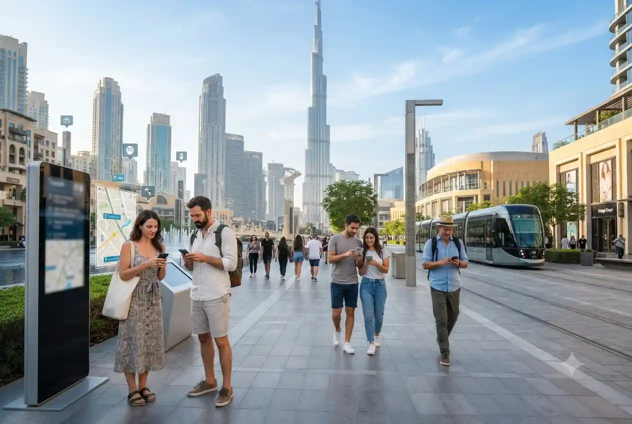 Tourists using smart technology while exploring modern attractions in Dubai
