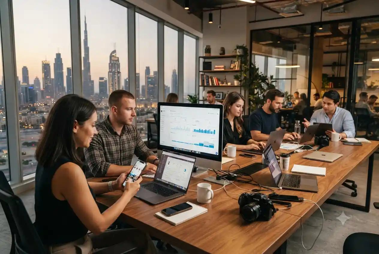 Social media marketing team managing campaigns and content in Dubai office