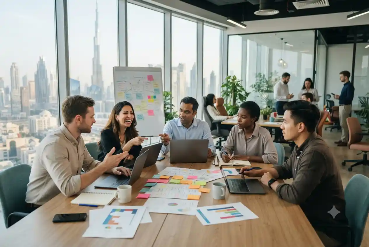 Startup founders planning a new business in a modern Dubai office