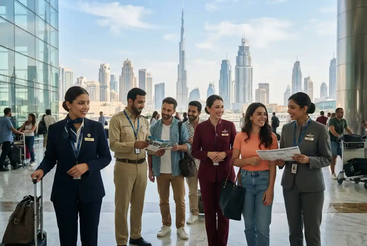 Tourism professionals assisting international visitors in Dubai