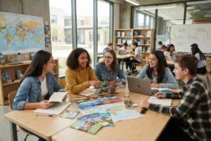 Students studying Travel and Tourism IGCSE in a modern classroom