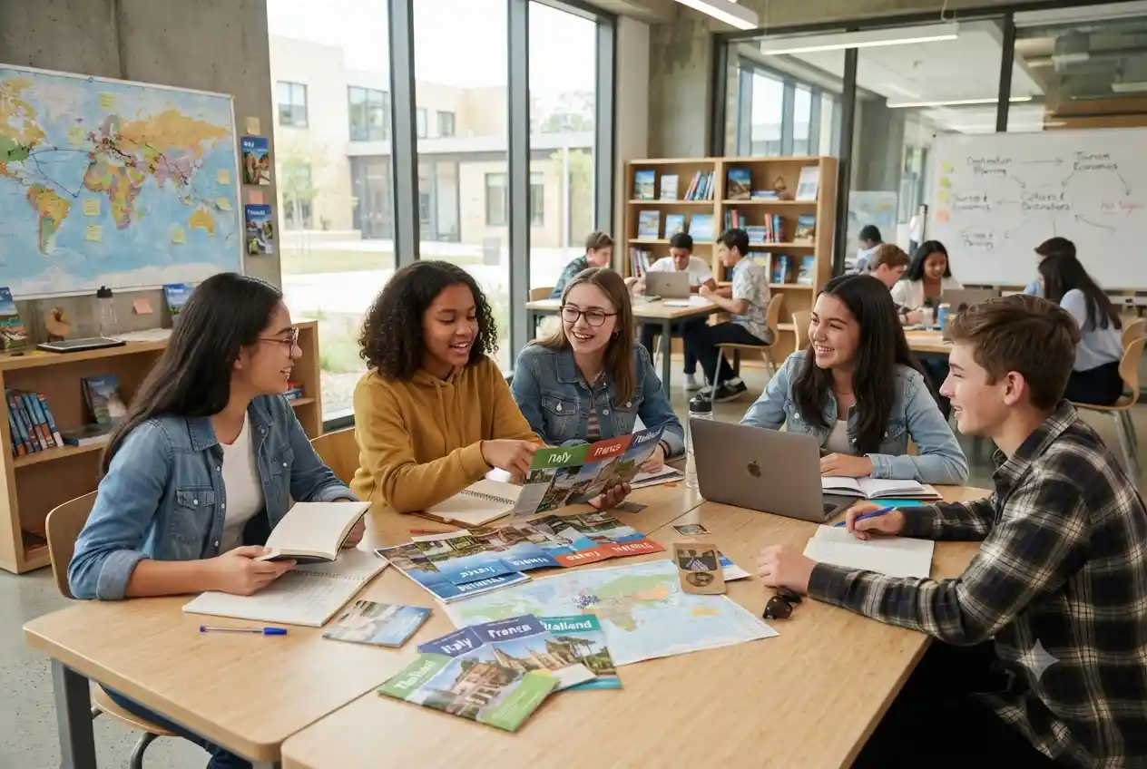 Students studying Travel and Tourism IGCSE in a modern classroom