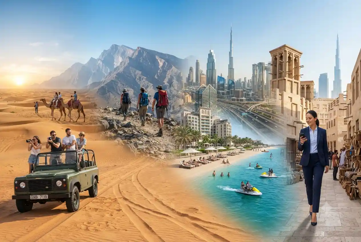 Different tourism experiences including desert, beach, culture, and business travel in the UAE