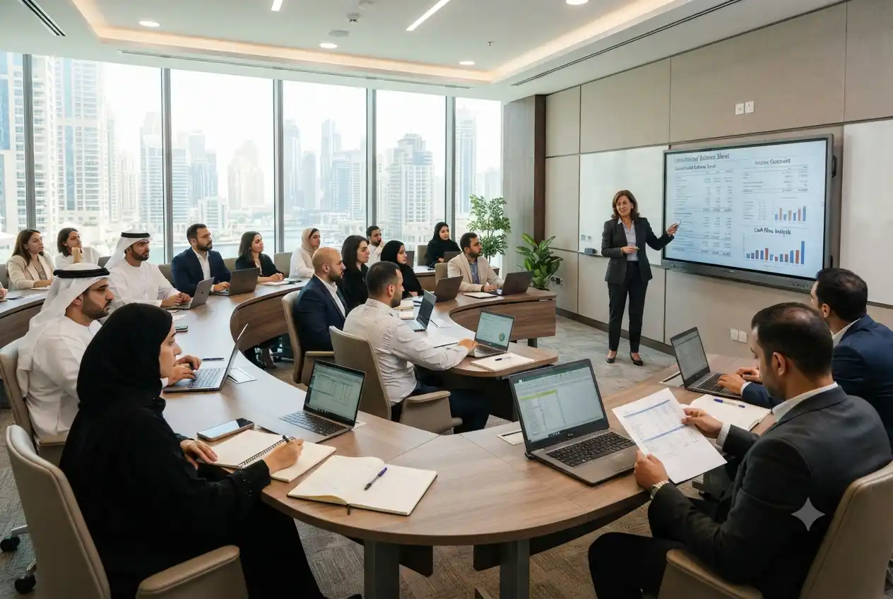 Professionals attending an accounting and finance training course in a modern classroom.