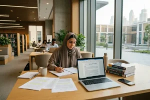 University student working on academic writing and research