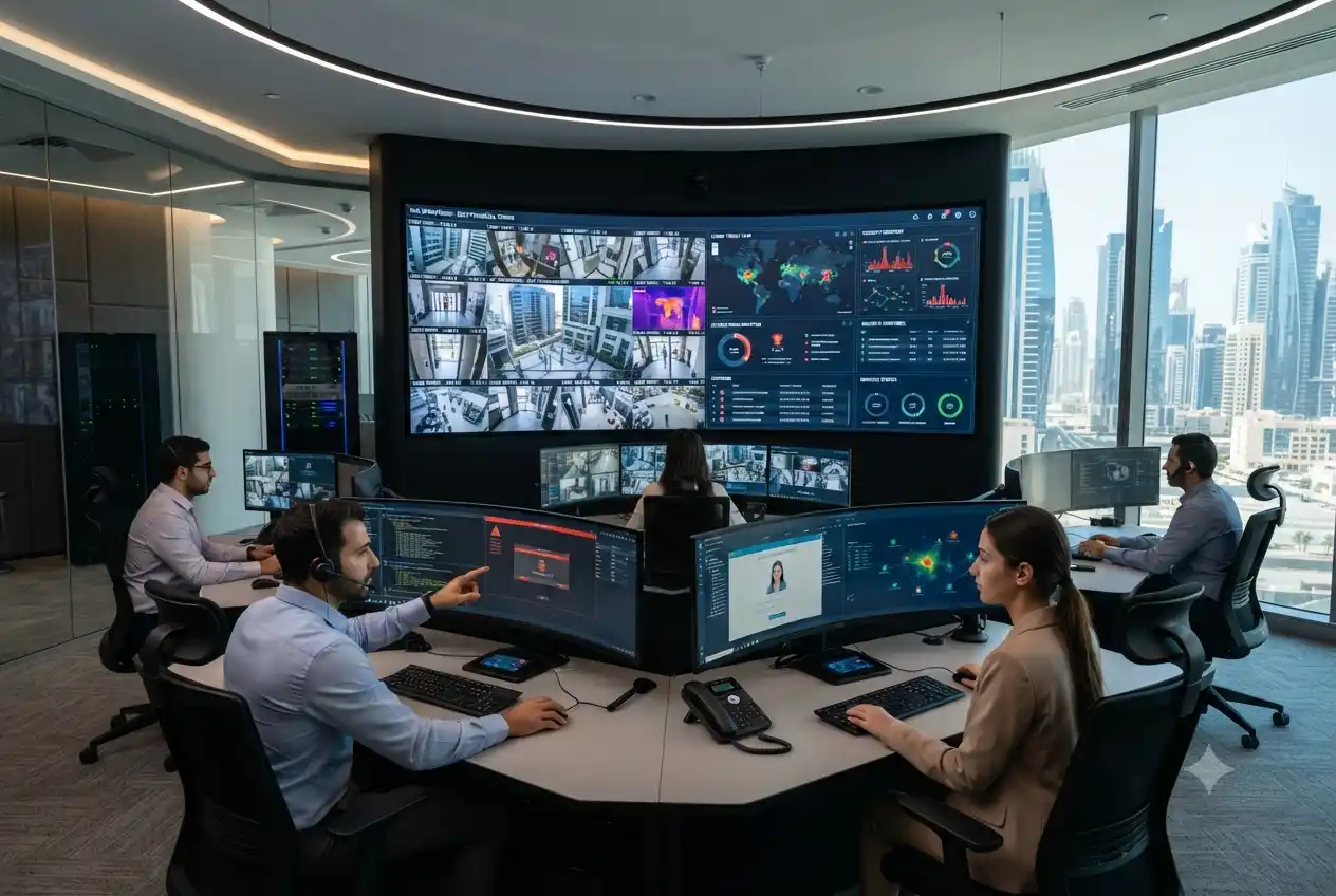 Security professionals monitoring advanced security technologies and digital protection systems
