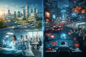 Illustration representing the benefits and challenges of modern technology in everyday life and business.