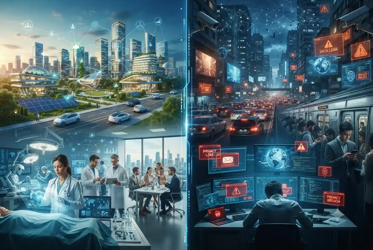 Illustration representing the benefits and challenges of modern technology in everyday life and business.