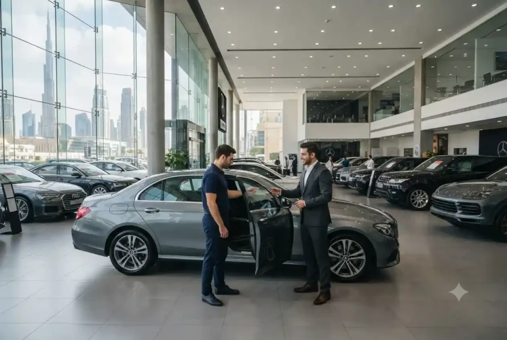 Used cars displayed at a professional automotive showroom in the UAE