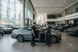Used cars displayed at a professional automotive showroom in the UAE
