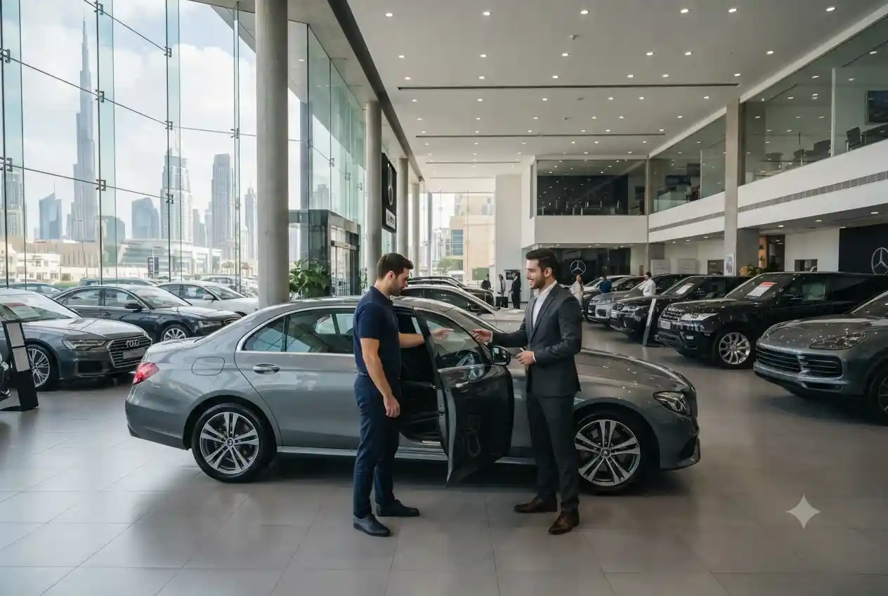 Used cars displayed at a professional automotive showroom in the UAE