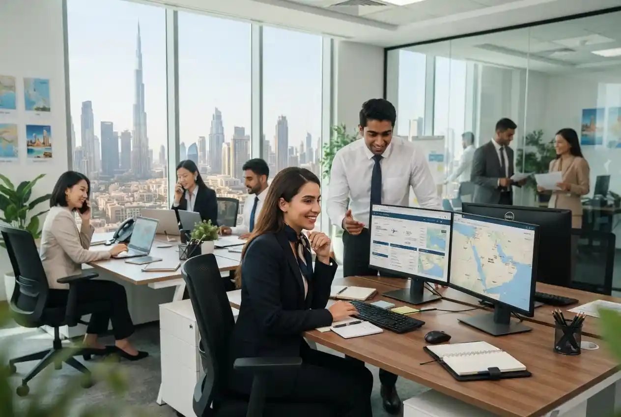Alt Text: Al Khalidiah Tourism careers and professionals working in a UAE travel office