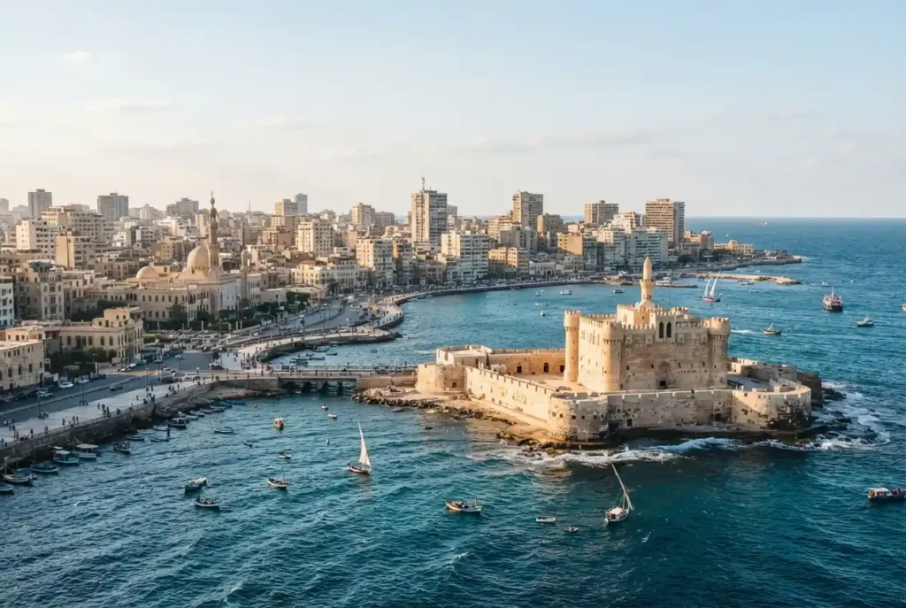 Alexandria Egypt tourism with Qaitbay Citadel overlooking the Mediterranean Sea