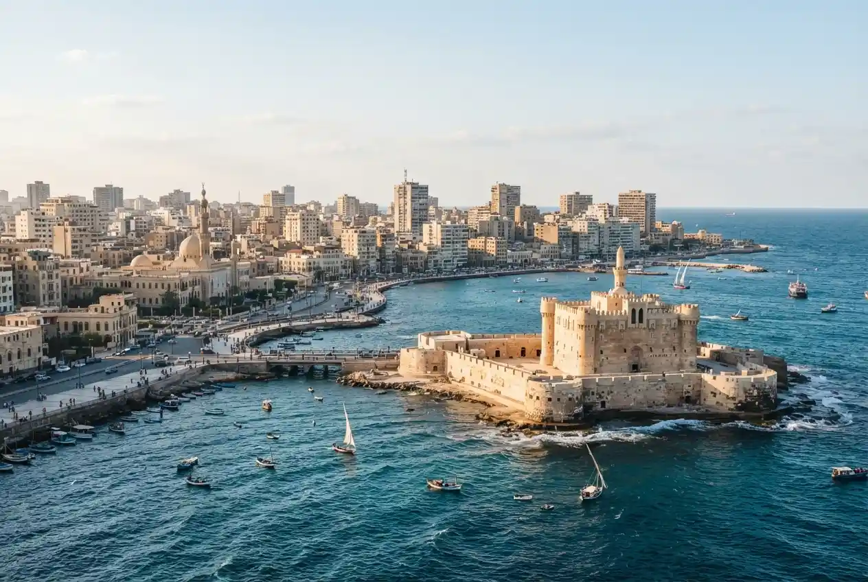 Alexandria Egypt tourism with Qaitbay Citadel overlooking the Mediterranean Sea