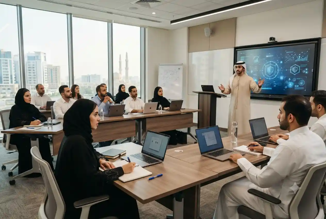 Students and professionals attending an educational training session in Sharjah