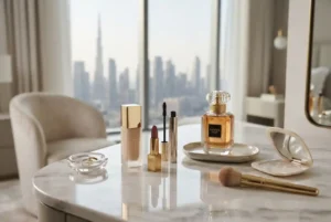 Armani Beauty makeup and fragrance products in a luxury UAE setting