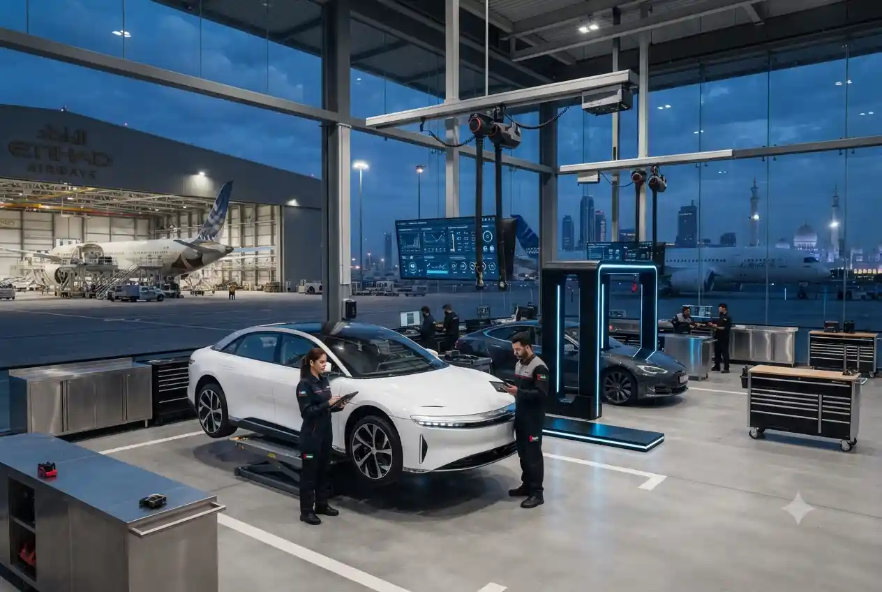 Modern automotive technicians using advanced diagnostic technology on electric vehicles in a UAE service center.