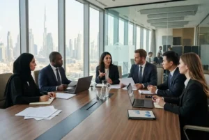 Business professionals discussing a B2B service proposal in a modern UAE office