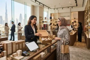 UAE consumer business owner serving a customer in a modern retail environment