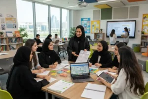 University students training to become teachers in a modern UAE classroom