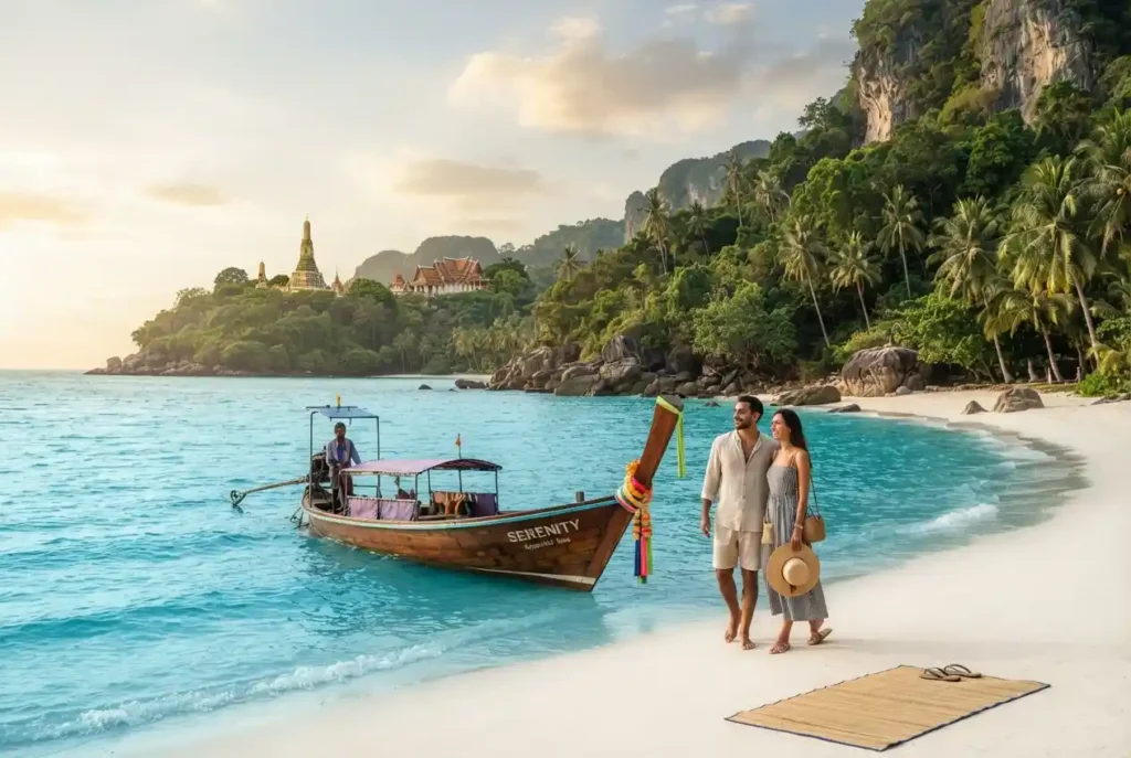 Bali tour package from Dubai featuring tropical beach, rice terraces, and Balinese temple