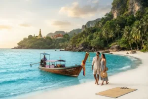 Bali tour package from Dubai featuring tropical beach, rice terraces, and Balinese temple