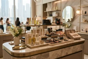 Beauty and cosmetics products displayed in a premium UAE retail setting