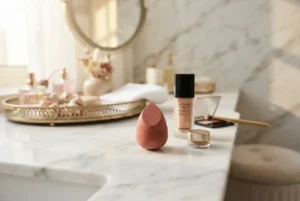 Beauty blender sponge with makeup products on a beauty vanity